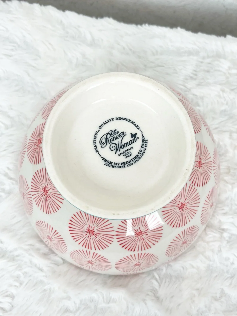 Pioneer Woman Happiness Footed Bowl Red Starburst Aqua Trim Whimsy Farmhouse